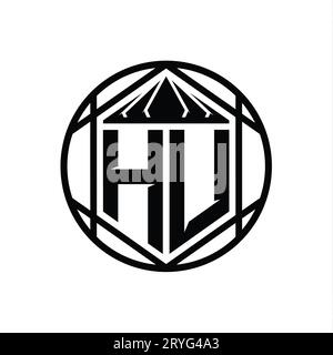 HU Letter Logo Monogramm Sechseckenkrone scharfe Schildform isolierter Kreis abstrakte Designvorlage Stockfoto