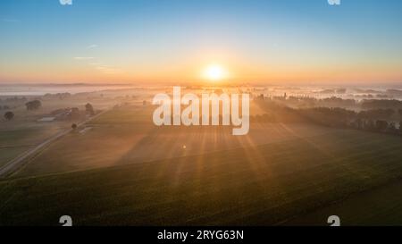 Dramatische Luftdrohne Aufnahme einer wunderschönen grünen und gelben landwirtschaftlichen Plantagen, die an wilde Wälder in Belgien grenzt, Euro Stockfoto