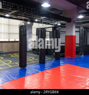 Ein achteckiger Kickboxkäfig mit Boxtaschen im Sportkomplex Stockfoto