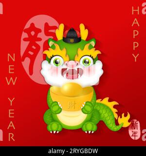 Glückliches chinesisches Neujahr ein niedlicher Drache mit Comic-Design und Goldbarren. Chinesische Wortübersetzung : Drache Stock Vektor