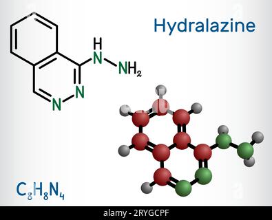 Hydralazinmolekül. Es ist ein Hochdruckmedikament, das verwendet wird, um hohen Blutdruck, Herzinsuffizienz zu behandeln. Strukturelle chemische Formel und Molekülmodell. Vecto Stock Vektor