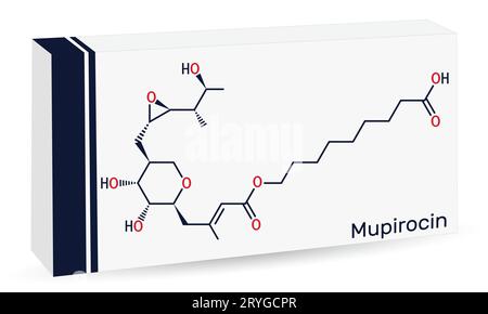 Mupirocin-Molekül. Es ist eine antibakterielle Salbe zur Behandlung von Impetigo und Hautinfektionen. Skelettchemische Formel. Papierverpackungen für Medikamente. Vec Stock Vektor