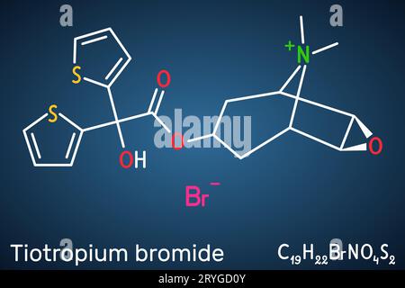 Tiotropiumbromid-Molekül. Strukturelle chemische Formel auf dunkelblauem Hintergrund. Stock Vektor