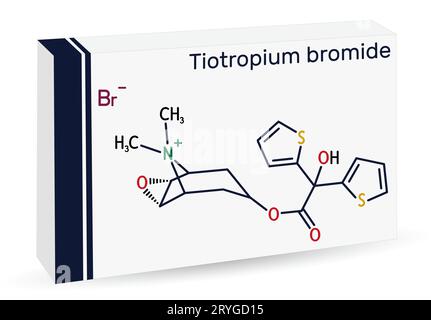 Tiotropiumbromid-Molekül. Die chemische Formel des Skeletts. Papierverpackungen für Medikamente. Stock Vektor