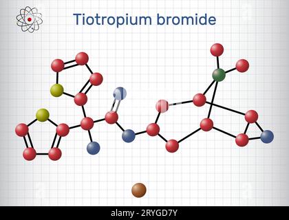 Tiotropiumbromid-Molekül. Strukturelle chemische Formel, Molekülmodell. Blatt Papier in einem Käfig Stock Vektor