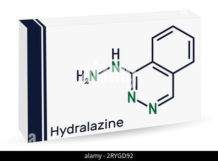 Hydralazinmolekül. Es ist ein Hypertonie-Medikament, das zur Behandlung von Bluthochdruck, Herzinsuffizienz angewendet wird. Die chemische Formel des Skeletts. Papierverpackungen für Medikamente Stock Vektor