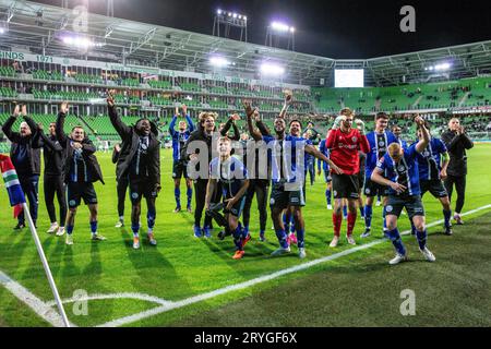 Groningen, Niederlande. September 2023 29. Spieler des FC den Bosch feiern den Sieg beim niederländischen Keuken Kampioen Divisie-Spiel zwischen dem FC Groningen und dem FC den Bosch am 29. September 2023 in Groningen, Niederlande Credit: dpa/Alamy Live News Stockfoto