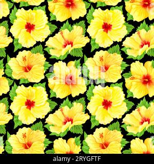 Nahtloses tropisches Blumenmuster in Wasserfarben. Gelber Hibiskus und Blätter auf schwarzem Hintergrund. Handgezeichnetes Aquarellmuster mit nahtlosem Muster Stockfoto
