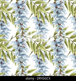 Nahtloses Aquarellmuster mit weißen Glyzinien-Blüten und grünen Blättern. Handgezeichnete Blumenabbildung. Stockfoto