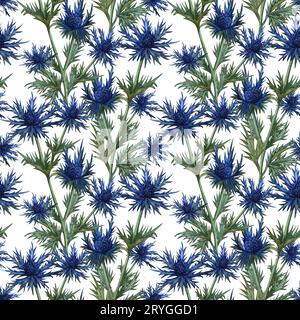 Nahtloses Muster mit blauem Dorn in Aquarellfarbe. Handgezeichnete Mariendistel mit Blumen und Blättern Illustration. Perfekt für Begrüßung Stockfoto