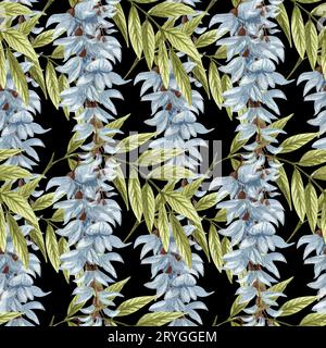 Nahtloses Aquarellmuster mit weißen Glyzinien-Blüten und grünen Blättern. Handgezeichnete Blumenabbildung. Stockfoto