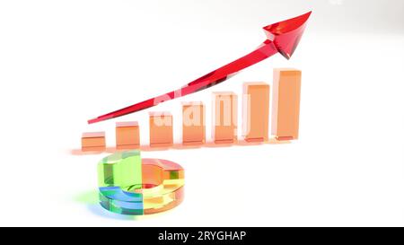 Das Balkendiagramm ist orange und zeigt einen stetigen Anstieg des Werts. Das Kreisdiagramm ist mehrfarbig mit grünen, blauen, gelben und roten Abschnitten, 3D-Rendering Stockfoto