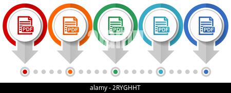 PDF-Datei, Symbolsatz für digitale Dokumentvektoren, Infografikvorlage für flaches Design, Symbole für das Zeigerkonzept in 5 Farboptionen für Webdesign und mobilen ap Stock Vektor