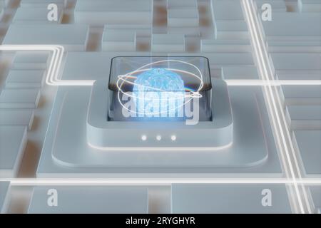 Digitales Gehirn auf einem Computerchip mit Internetverbindung und neuronalem Netzwerktraining. KI Künstliche Intelligenz und Quantencomputer Conceep Stockfoto