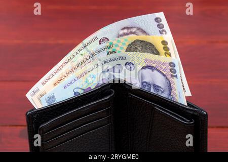 Rumänisches Geld - Leu in der schwarzen Brieftasche Stockfoto