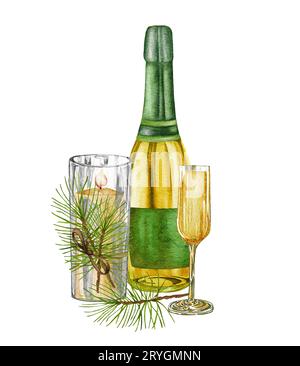 Champagnerflasche und Gläser mit weihnachtsdekoration in Aquarellfarben. Illustration des weißen Schaumweins, des alkoholischen Getränks Stockfoto