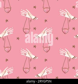 Magisches nahtloses Muster. Frauenhand mit einem Kristall an einer Kette und goldenen Sternen. Ritual zur Vorhersage der Zukunft. Lithomancy. Mystische Wahrsagung. Stockfoto