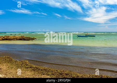 Fischerboote auf dem farbenfrohen Wasser des Strandes Itapua in Salvador Stockfoto