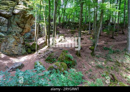 Bewaldete und felsige Landschaft im Naturschutzgebiet Teufelsschlucht, Weg zwischen Felsformationen, Sonnenlicht, das durch Laub von Bäumen und Illuminaten eindringt Stockfoto