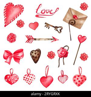 Aquarell Valentines Set von dekorativen Elementen. Herzen, Schlüssel, Pfeil, Liebesbrief, rotes Band. Liebe Illustration Stockfoto