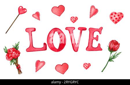 Aquarell Valentines Set von dekorativen Elementen. Herzen, Schlüssel, Pfeil, Liebesbrief, rotes Band. Liebe Illustration Stockfoto