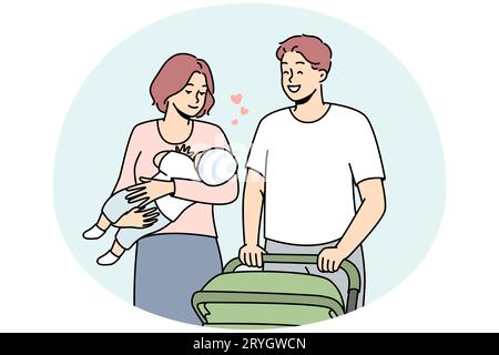 Glückliche junge Familie mit Baby zu Fuß mit Kinderwagen im Freien. Lächelnde Eltern mit Kind in den Händen, die gerne draußen spazieren gehen. Vektorgrafik. Stock Vektor