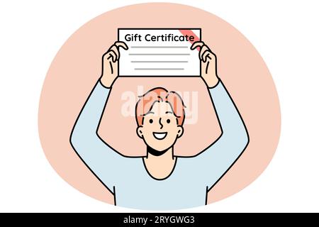 Lächelnder junger Mann, der den Geschenkgutschein in den Händen hält. Glücklicher Kerl mit Papierdokumenten für die Gegenwart. Vektorgrafik. Stock Vektor