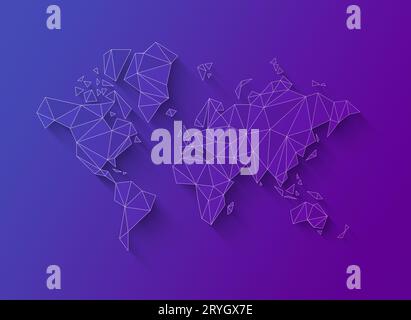 Weltkartenform aus Polygonen. 3D-Illustration auf violettem Hintergrund Stockfoto