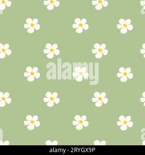 Nahtloses Muster mit Kamillenblüten auf grünem Hintergrund. Kleine Sommerblumen in schlichtem Cartoon-Doodle-Stil, perfekt für Textilien, Tapeten, Stoff.Vect Stock Vektor