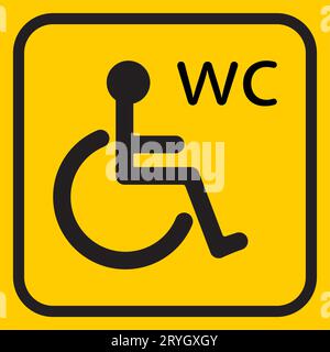 Symbol für deaktivierte Toilette auf gelbem Hintergrund. Behindertenpflege-Piktogramm, Behindertenmann öffentliches Toiletten-Schild, Behindertenstuhl Menschen Toiletten, Behinderte in Stock Vektor