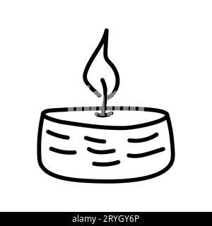Brennende Teelicht Kerze isoliert auf weißem Hintergrund. Vektor-handgezeichnete Illustration im Doodle-Stil. Geeignet für Karten, Logo, Dekorationen. Stock Vektor