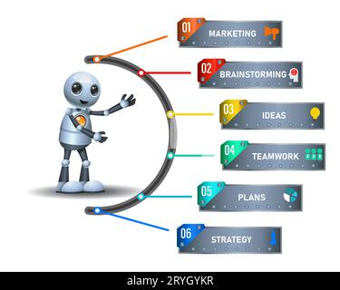 3D-Illustration eines kleinen Robotergeschäfts-Erfolgs-Marketings auf isoliertem weißem Hintergrund Stockfoto