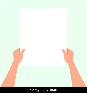 Flache Abbildung: Hände halten ein Blatt Papier mit Platz für Text. Mockup-Hinweis. Lesen Sie den Brief. Vektorvorlage für Artikel, Broschüren und Ihre Stock Vektor