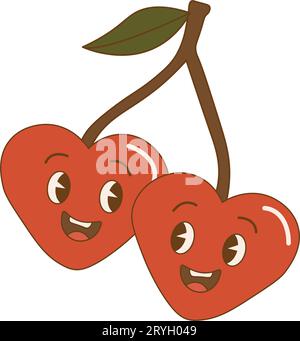 Lustige Kirschen in Form von Herzen im Retro-Stil. Alles Gute zum Valentinstag. Ich liebe die Illustration in flachem Design. Zwei glückliche Beeren aus den 70er Jahren in Form von h Stock Vektor
