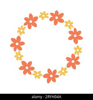Blumenkranz mit niedlichen winzigen Gänseblümchen isoliert auf weißem Hintergrund. Runder Rahmen mit Blumen. Handgezeichnete Vektorgrafik. Perfekt für Karten, invita Stock Vektor