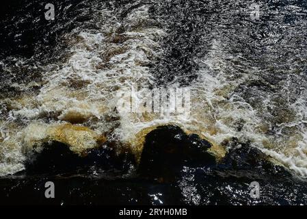 Wasser fällt über ein Wehr am Fluss Wharfe in Bolton Abbey, North Yorkshire. Stockfoto