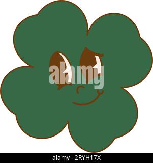 Trendiger Cartoon-Charakter Klee mit vier Blättern. Alles Gute zum St. Patrick's Day. Grooviger Stil, Vintage, Ästhetik der 70er 60er Jahre. Vektorillustration Stock Vektor