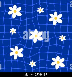 Minimalistisches, helles nahtloses Mosaikmuster mit Gänseblümchen. dunkelblaues wellenförmiges verzerrtes Raster auf blu-Hintergrund. Ideal zum Drucken von Babykleidung, Textilien, Fabr Stock Vektor