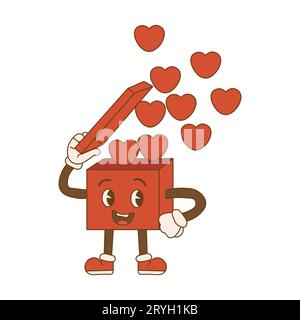 Geschenkbox zum Valentinstag im trendigen Retro-Cartoon-Stil. Grooviger Hippie 70er Jahre Ästhetik. Retro-Stil Valentinstag. Vektor-Illustration Stock Vektor