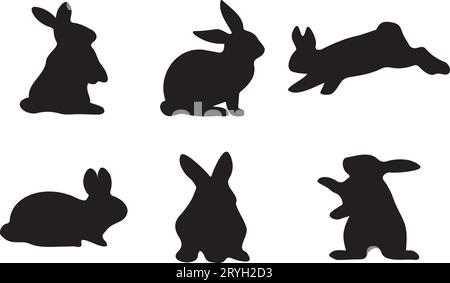 Kaninchen in verschiedenen Positionen Clipart Set. Schwarze Silhouette-Kollektion für Osterhasen. Isoliert auf weißem Hintergrund. Vektorillustration Stock Vektor