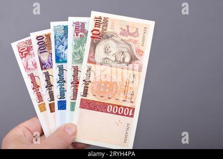 Portugiesisches Geld in der Hand auf grauem Hintergrund Stockfoto