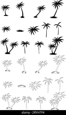 Tropische Linie und flache Palmen und Blattsilhouette. Schwarze Palmensammlung. Design von Palmen für Poster, Banner und Werbeartikel Stock Vektor
