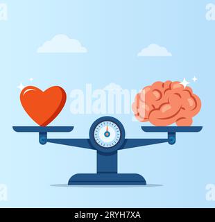 Vektor eines Herzens und eines menschlichen Gehirns auf Skalen. Konzept der emotionalen Intelligenz, Balance von Gefühlen und Intelligenz, Logik Stock Vektor