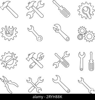 Zeilensätze für Werkzeuge und Servicesymbole. Schraubenschlüssel, Schraubendreher und Zahnradsymbol. Schraubendreher- und Schraubenschlüsselsymbol. Einstellungen und Reparatur, Service-Schild Stock Vektor