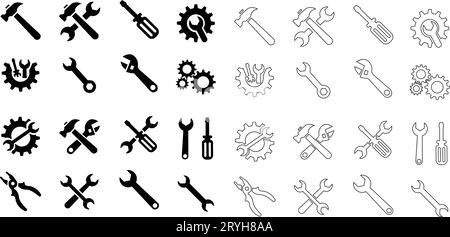 Werkzeuge und Service-Symbole flach und zeilenweise angeordnet. Schraubenschlüssel, Schraubendreher und Zahnradsymbol. Schraubendreher- und Schraubenschlüsselsymbol. Einstellungen und Reparatur, Service-Schild Stock Vektor