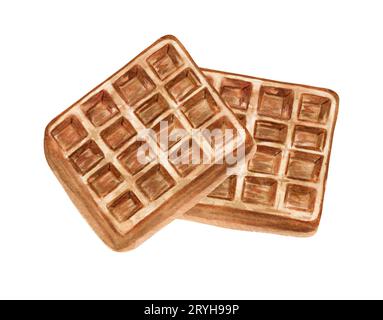 Wasserfarbene, handgezeichnete belgische Waffelelemente. Backwaren-Clipart-Set. Abbildung zur Menügestaltung. Stockfoto