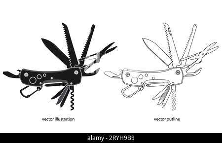 Taschenmesser Symbol, Kontursymbol, Multi-Tool-Messer der Vektorillustration isoliert auf weißem Hintergrund. Stock Vektor