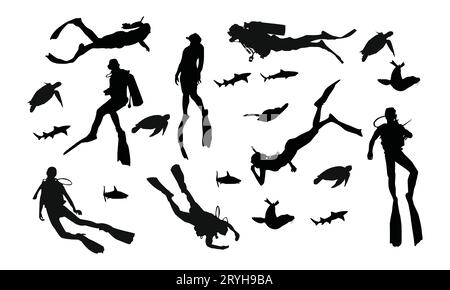 Scuba Diving Silhouette Vektor Illustration isoliert auf weißem Hintergrund. Sport unter Wasser, See, Meer, Handschuh und Taschenlampe, Maske und Schnorchel. Stock Vektor