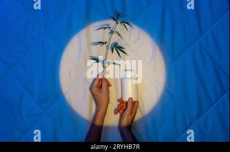 Schlafkapsel mit einem Zweig Cannabis, Hand im Mondschein auf einer Decke, Melatonins Kampf gegen Schlaflosigkeit Stockfoto