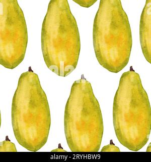 Aquarell Hand gezeichnete nahtlose Musterillustration mit tropischen exotischen Reifen Papaya Frucht orange gelb gesundes trendiges Essen für vegane vegetarische Ernährung für Küche Textilien Menü. Trendiges, farbenfrohes tropisches Muster Stockfoto